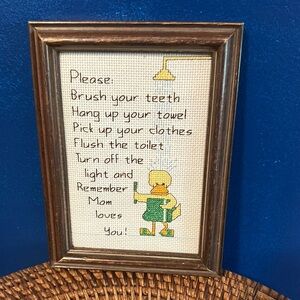 Vintage Framed Cross-Stitch “ Please Brush Your Teeth..” Art Wall Hanging 9”x 7”